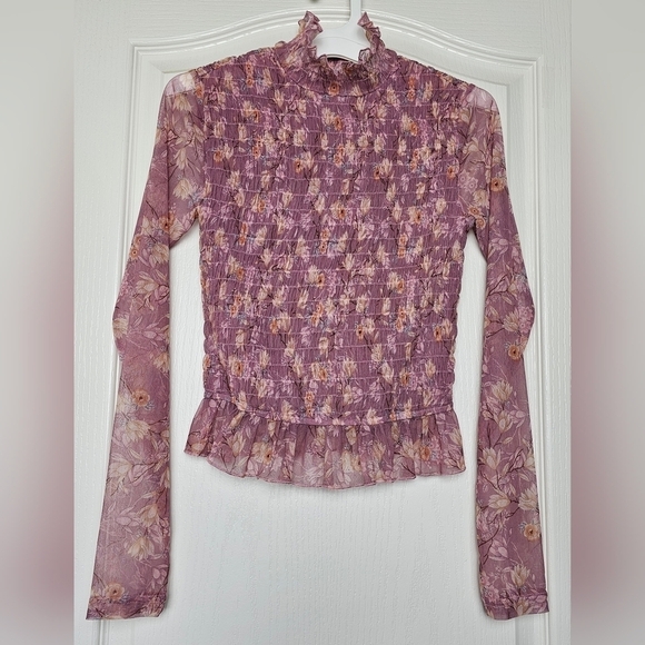 Lulus Sophisticated Blossom Mauve Floral Mesh Smocked Mock Neck Top XS - Picture 4 of 11